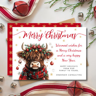 Cute Festive Highland Cow Merry Christmas Business Feestdagenkaart
