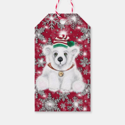 Cute festive holiday Polar bear glitter snowflakes Cadeaulabel (Voorkant)