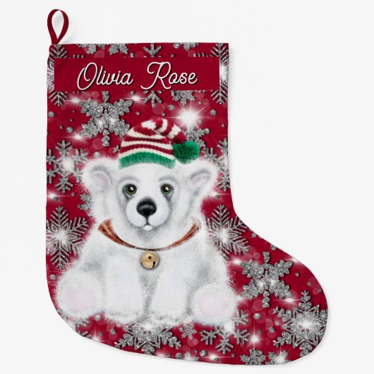 Cute festive holiday Polar bear glitter snowflakes Grote Kerstsok (Voorkant)