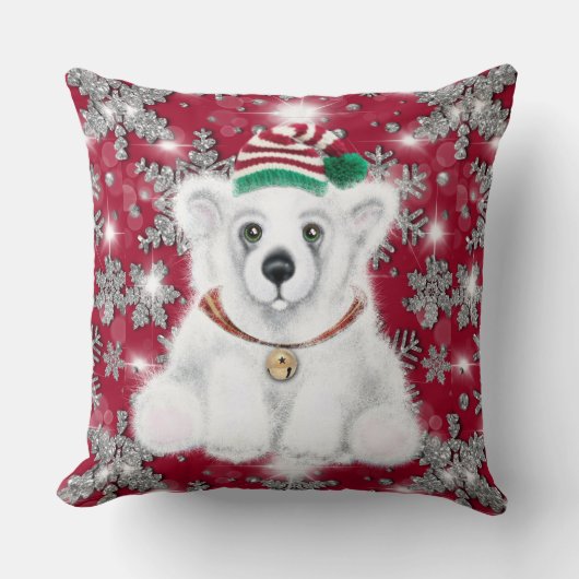 Cute festive holiday Polar bear glitter snowflakes Kussen (Voorkant)