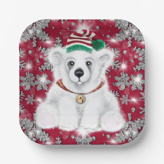 Cute festive holiday Polar bear glitter snowflakes Papieren Bordje (Voorkant)