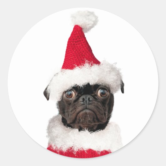 Cute Festive-kerstzwarte puppy Santa Ronde Sticker (Voorkant)
