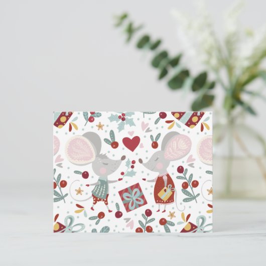 Cute Festive Mice Couple Feestdagen Pattern Briefkaart (Staand voorkant)