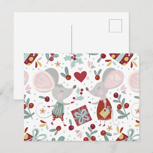 Cute Festive Mice Couple Feestdagen Pattern Briefkaart (Voorkant / Achterkant)