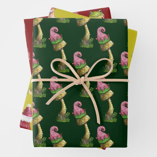 Cute Festive Mushroom and Frog Pattern Kerstmis Inpakpapier Vel (In situ)