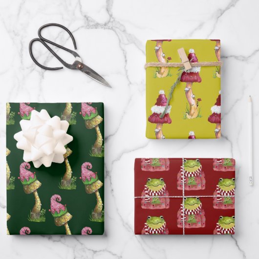 Cute Festive Mushroom and Frog Pattern Kerstmis Inpakpapier Vel (Voorkant)