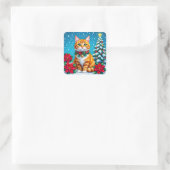Cute Festive Orange Cat Christmas Vierkante Sticker (Tas)