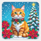 Cute Festive Orange Cat Christmas Vierkante Sticker (Voorkant)