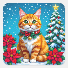 Cute Festive Orange Cat Christmas Vierkante Sticker