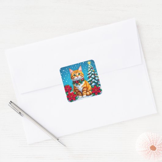 Cute Festive Orange Cat Christmas Vierkante Sticker (Envelop)