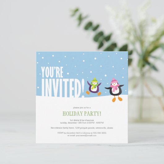 Cute Festive Penguin | Uitnodiging feestdag (Staand voorkant)