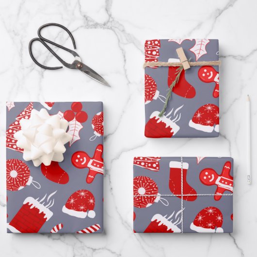 Cute Festive Red Illustrations kerstpatroon Inpakpapier Vel (Voorkant)
