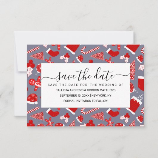 Cute Festive Red Illustrations kerstpatroon Save The Date (Voorkant)