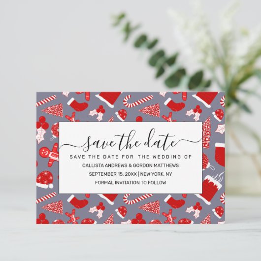 Cute Festive Red Illustrations kerstpatroon Save The Date (Staand voorkant)