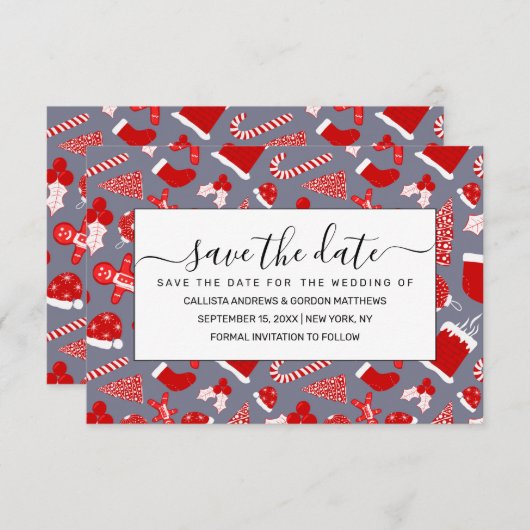 Cute Festive Red Illustrations kerstpatroon Save The Date (Voorkant / Achterkant)