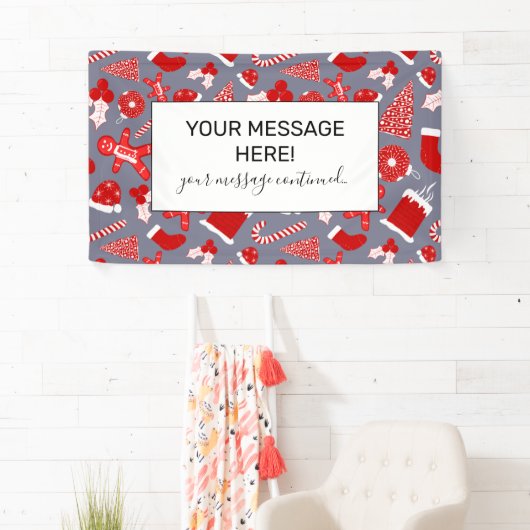 Cute Festive Red Illustrations kerstpatroon Spandoek (Insitu)