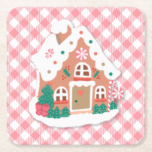 Cute Festive Snowy Pink Gingerbrood House Gingham Kartonnen Onderzetters