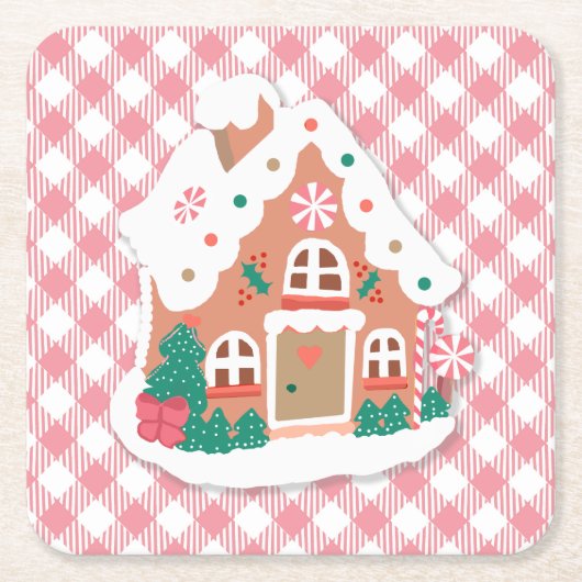 Cute Festive Snowy Pink Gingerbrood House Gingham Kartonnen Onderzetters (Voorkant)