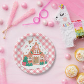 Cute Festive Snowy Pink Gingerbrood House Gingham Papieren Bordje (Feest)