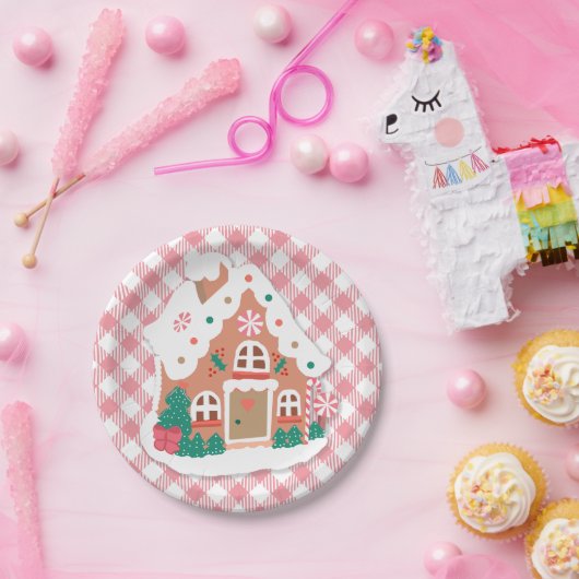 Cute Festive Snowy Pink Gingerbrood House Gingham Papieren Bordje (Feest)