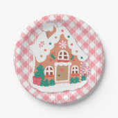 Cute Festive Snowy Pink Gingerbrood House Gingham Papieren Bordje (Voorkant)