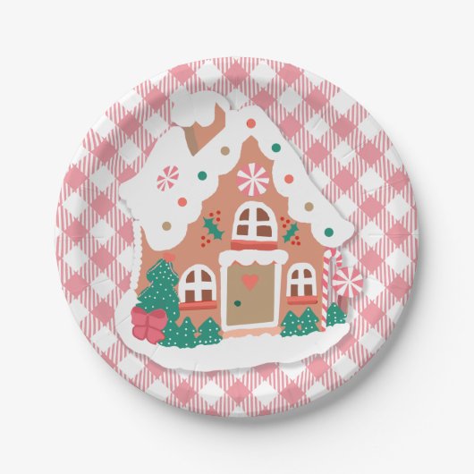 Cute Festive Snowy Pink Gingerbrood House Gingham Papieren Bordje (Voorkant)
