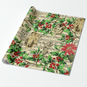 Cute Festive Vintage Angel Cherubs Holly Kerstmis Cadeaupapier