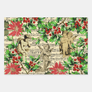 Cute Festive Vintage Angel Cherubs Holly Kerstmis Inpakpapier Vel