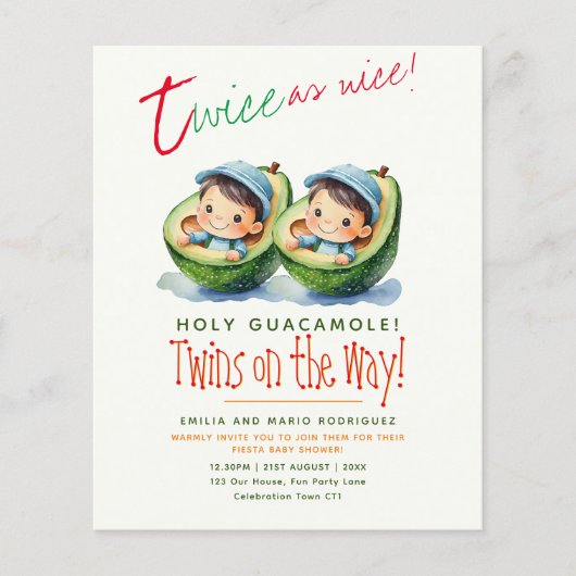 Cute Fiesta Avocado TWIN BOYS Baby Shower BUDGET - (Voorkant)