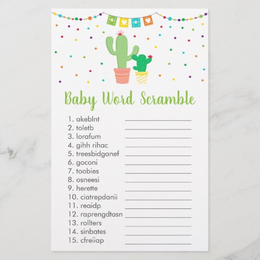 Cute Fiesta Cactus Baby shower Word Scramble Game (Voorkant)