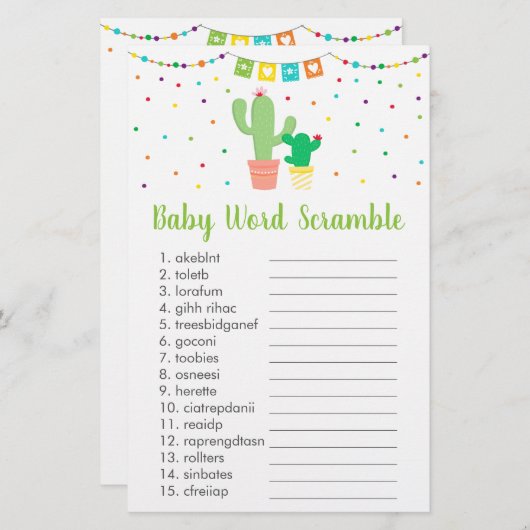 Cute Fiesta Cactus Baby shower Word Scramble Game (Voorkant / Achterkant)