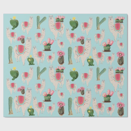 Cute Fiesta Llama & Cactus Pattern Cadeaupapier (Vlak)