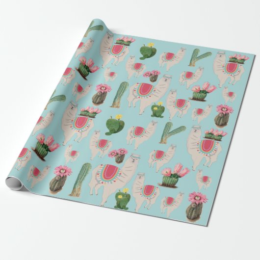 Cute Fiesta Llama & Cactus Pattern Cadeaupapier (Uitgerold)