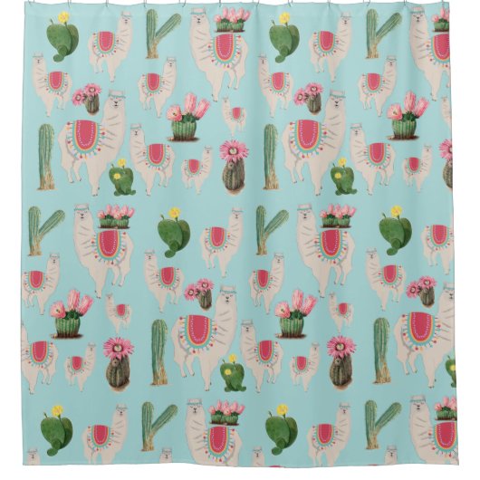 Cute Fiesta Llama & Cactus Pattern Douchegordijn (Voorkant)