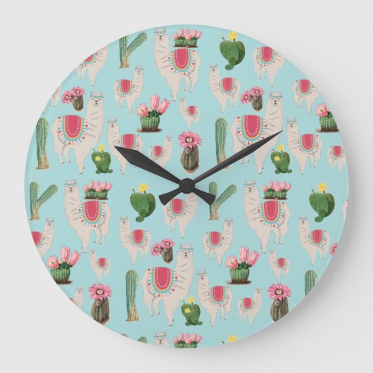 Cute Fiesta Llama & Cactus Pattern  Grote Klok (Voorkant)