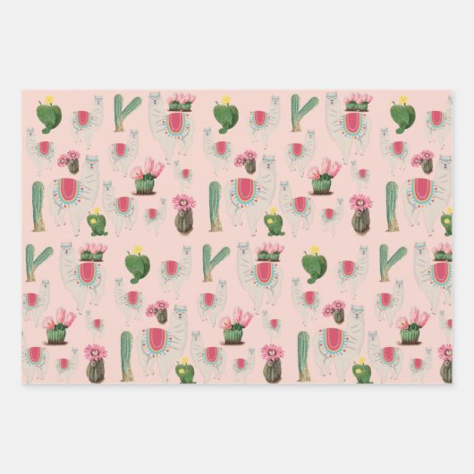 Cute Fiesta Llama & Cactus Pattern Inpakpapier Vel (Voorkant 2)