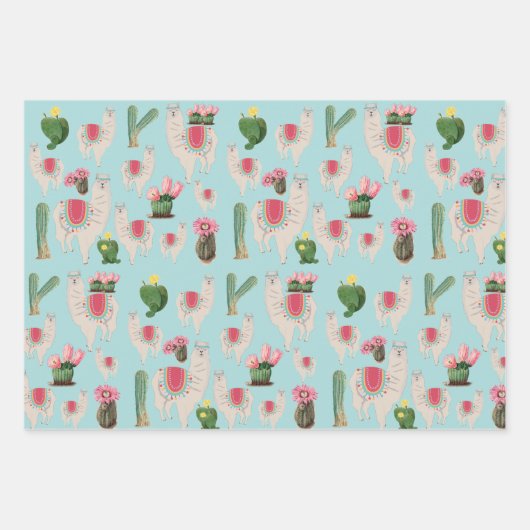 Cute Fiesta Llama & Cactus Pattern Inpakpapier Vel (Voorkant)