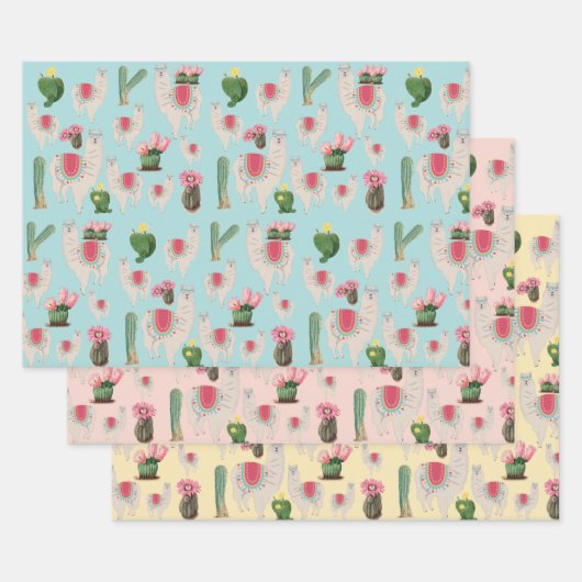 Cute Fiesta Llama & Cactus Pattern Inpakpapier Vel (Set)