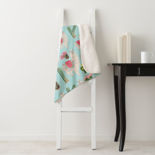 Cute Fiesta Llama & Cactus Pattern Sherpa Deken (In situ)