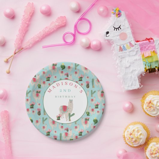 Cute Fiesta Llama en Cactus Birthday Papieren Bordje (Feest)