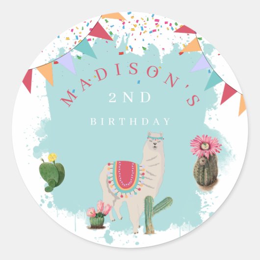 Cute Fiesta Llama en Cactus Birthday Ronde Sticker (Voorkant)