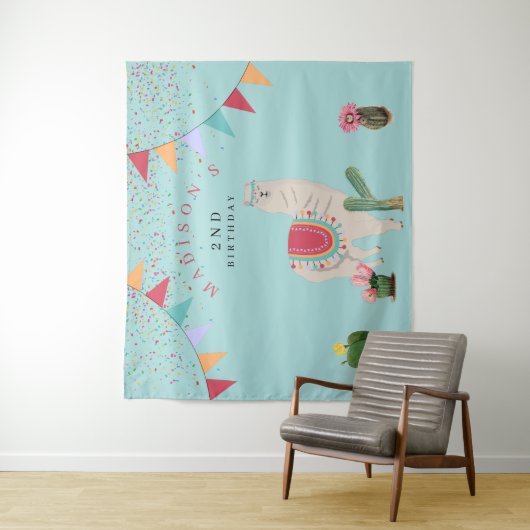 Cute Fiesta Llama en Cactus Birthday Wandkleed (In situ)