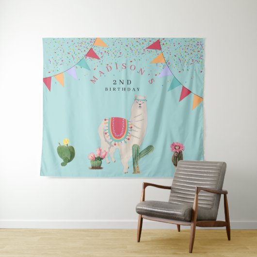 Cute Fiesta Llama en Cactus Birthday Wandkleed (In Situ (horizontaal))