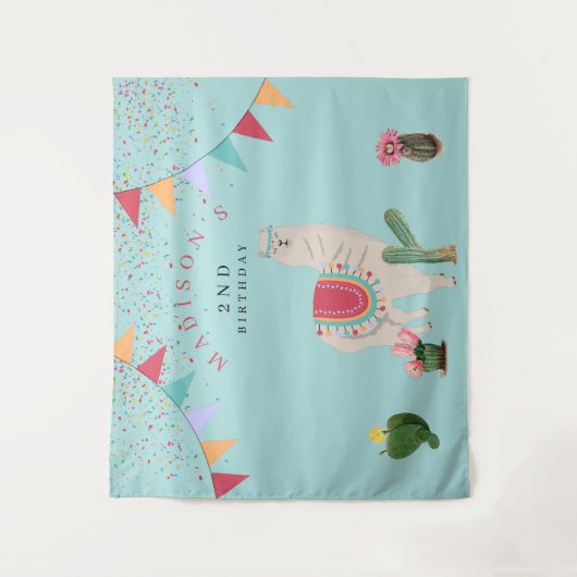 Cute Fiesta Llama en Cactus Birthday Wandkleed (Voorkant)