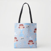 Cute Fifties Retro Girl Illustrated Blue Pattern Tote Bag (Voorkant)