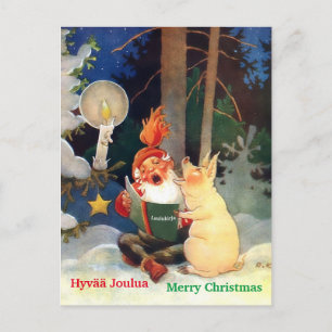 Cute Finse Tomte of Haltija Gnome & Pig Singing Briefkaart