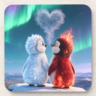 Cute Fire and Ice Penguin Northern Lights Bier Onderzetter