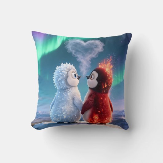 Cute Fire and Ice Penguin Northern Lights Kussen (Voorkant)
