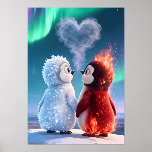 Cute Fire and Ice Penguin Northern Lights Poster (Voorkant)