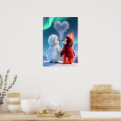 Cute Fire and Ice Penguin Northern Lights Poster (Keuken)